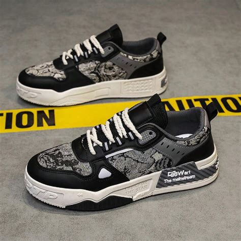 Men's Bear Print Casual Lace-Up Skate Shoes, Color Blocking, Breathable ...