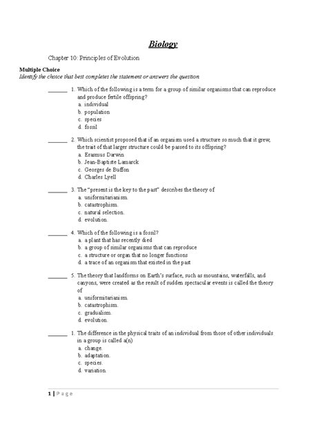 Biology Chapter 10 Exam: Principles of Evolution Test + Answers - Studocu
