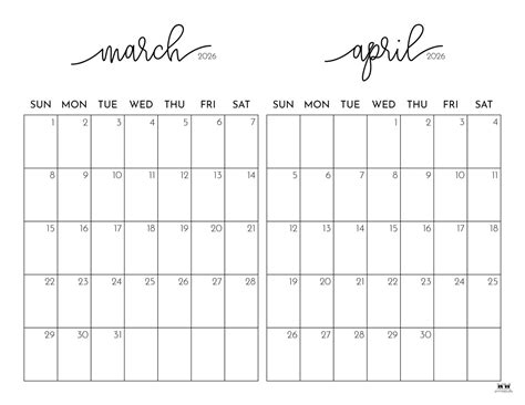 2026 Two Month Calendars - 84 FREE Printables | Printabulls