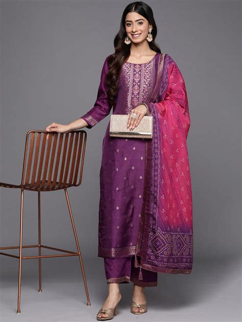 Buy Purple Self Design Silk Blend Straight Kurta With Trousers ...