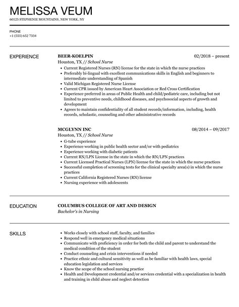 School Nurse Resume Samples | Velvet Jobs