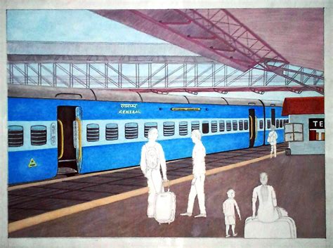 Railway Station Drawing Local Train 的图像结果