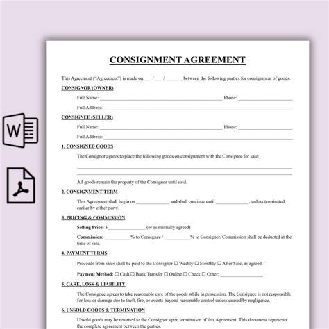 Buy Editable Consignment Agreement, One Page Consignment Contract Form ...