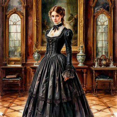 "The governess girl is beautiful, standing in a magnificent gallery, on ...