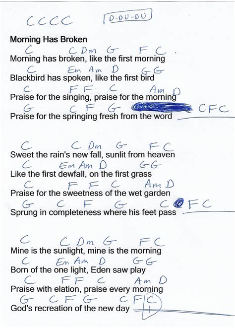 Morning Has Broken Guitar Chord Chart in G Major