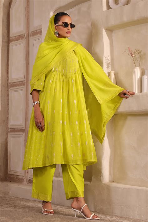 Buy Lime Green Silk Printed Gathered Suit Set Online at Biba India