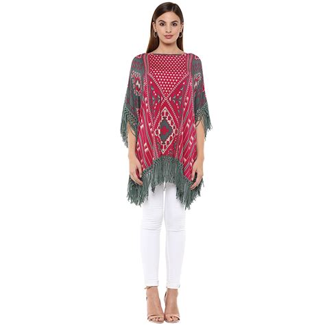 Label RITU KUMAR Pink Poncho with Geometric Prints and Grey Tassles ...