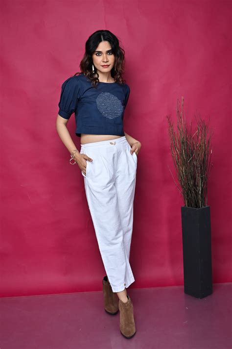 Indigo Hand Embroidered Cotton Crop Top