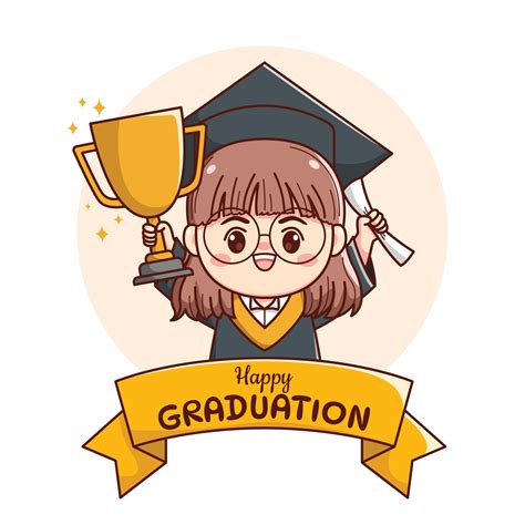 Banner or ribbon happy graduation girl with holding trophy and paper ...
