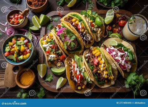 A Plate of Tacos, Overflowing with Colorful Toppings and Fillings Stock ...