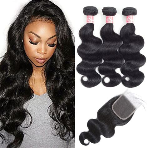 LSHAIR Brazilian Virgin Hair Body Wave 3 Bundle with Closure (20" 18 ...