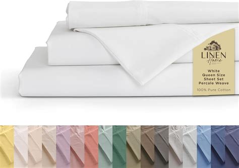 Amazon.com: Linen Home 100% Cotton Percale Sheets Queen Size, White ...