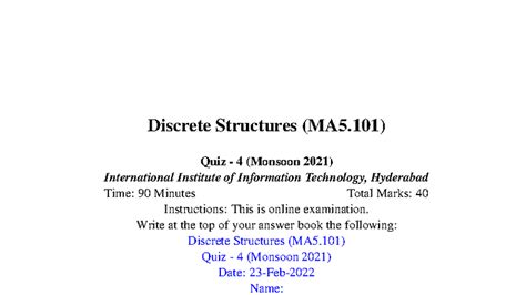 Quiz 4 - assign - Discrete Structures (MA5) Quiz - 4 (Monsoon 2021 ...