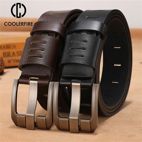 cowhide genuine leather belts for men brand male pin buckle jeans cowboy Mens Belt Luxury ...