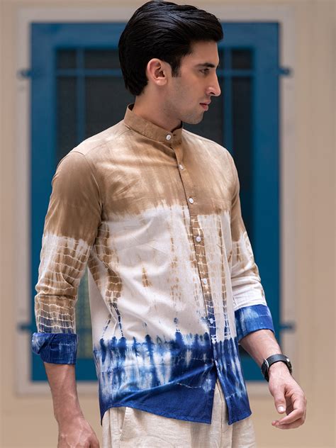 Buy Brown Tie and Dye Chinese Collar Shirt Online | Tistabene