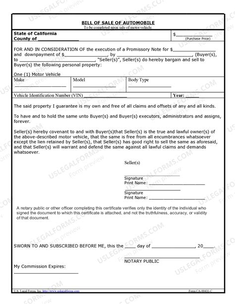 Hand Written Bill Of Sale For Car Without Title In Riverside | US Legal ...
