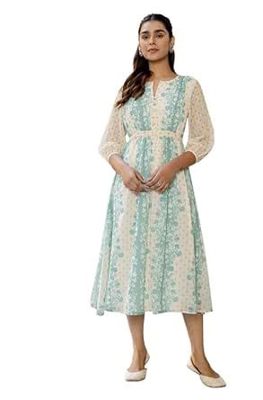 Buy Janasya Women's Off White Dobby Georgette Floral Flared Dress ...