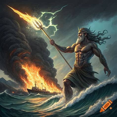 Fantasy art of Poseidon holding a flaming trident in rough seas near a ...