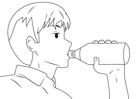 The guy drinks water from a bottle. Vector black and white line ...