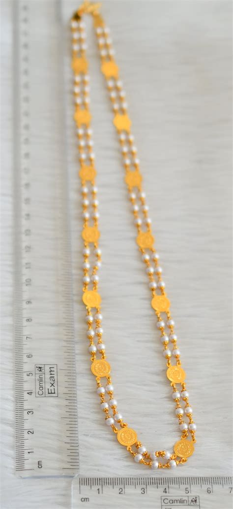 Gold tone 24 inches pearl double layer head coin chain dj-45527 ...