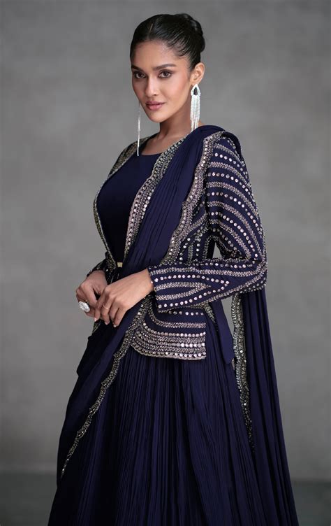 Navy Blue Georgette Sharara Suit with Silver Embroidery & Cancan ...