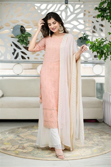 Buy online in India | Light Peach Lucknowi With Palazzo Set | Label ...