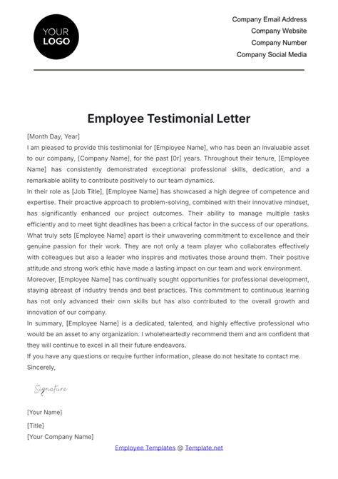Staff Testimonial Letter