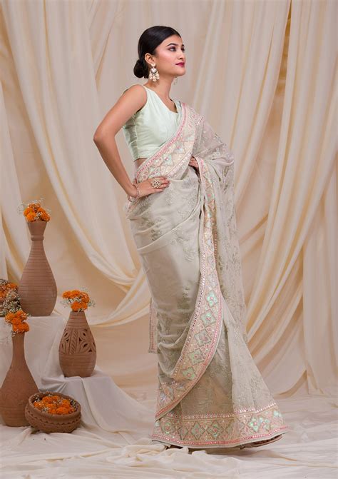 Buy Pista Green Gotapatti Chiffon Saree - Koskii