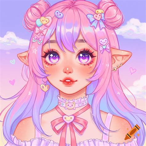 Cute anime girl with pink and purple hair buns, large purple eyes, elf ...