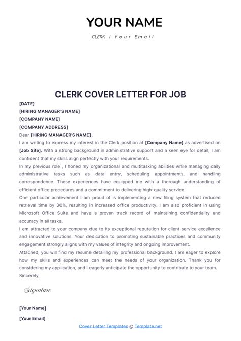 Free Clerk Cover Letter For Job Template to Edit Online