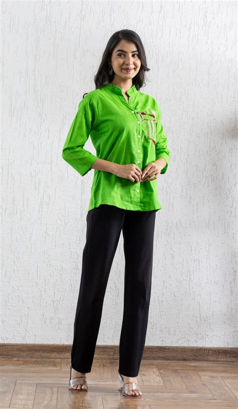 Plain Green Bird Embriodaery Shirt