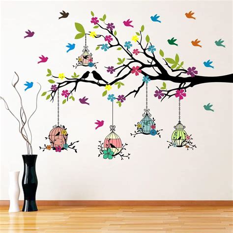 Decals Design 'Cage with Bird on Branch' Wall Sticker (PVC Vinyl, 50 cm ...