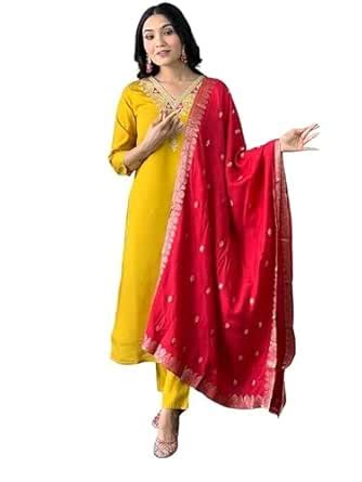 Buy Naixa Women's Mustard Chanderi with Full Cotton Lining Embroidered ...