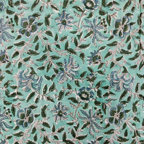Pure Cotton Sea Green With Dark Green Leaves And Blue Flower Jaal Jaip ...