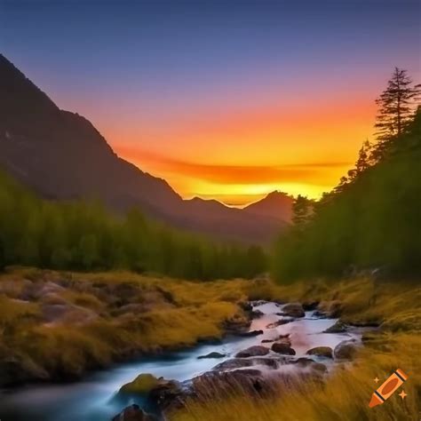 Sunset over mountains and river on Craiyon