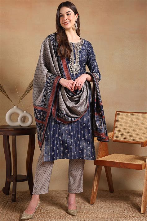Buy Navy Blue Silk Blend Embroidered Straight Suit Set PKSKD2236 in ...