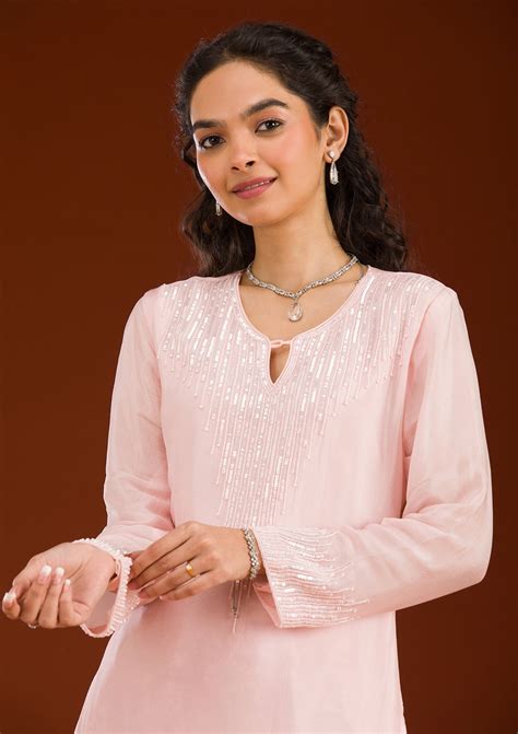 Buy Pink Threadwork Semi Crepe Readymade Salwar Suit - Koskii