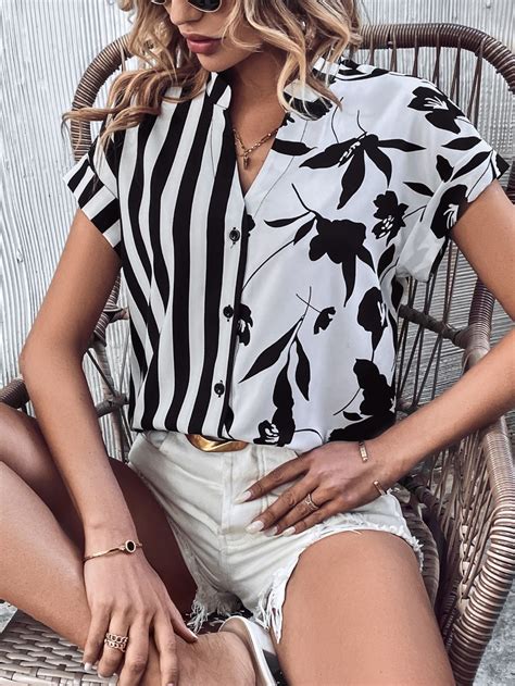 Striped & Floral Print Notched Neck Batwing Sleeve Shirt | Floral shirt ...