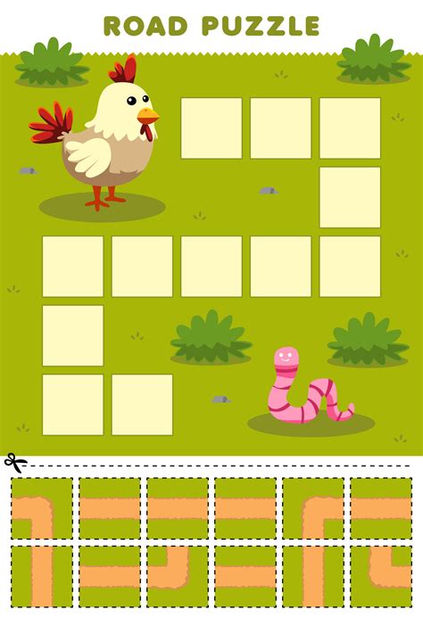 Education game for children road puzzle help chicken move to worm printable animal worksheet ...