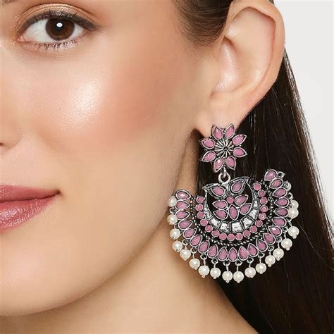 Buy Fabula Oxidised German Silver Baby Pink Stone & Pearls Ethnic Large ...