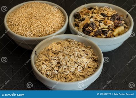 Quinoa, Brown Rice and Oats. Healthy Whole Grain Cereals. Vegan Food ...