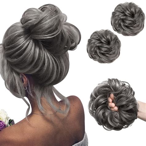 SARLA 2PCS Grey Scrunchies Hair Bun Extensions Wavy Curly Synthetic ...