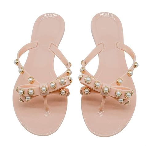 Buy TYFLOVE Women Pearls Bow Flip Flops Jelly Thong Sandals Rubber Flat ...