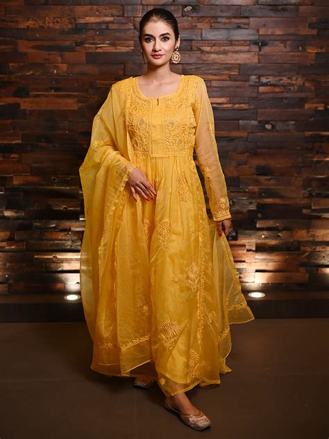 Yellow Ahilya Organza Chikankari A-Line Kurta Set with Dupatta