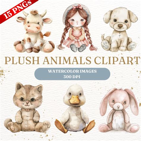Plush Animal Toys Watercolor Clipart / Cute Watercolor Nursery Animals ...