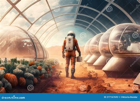 Astronaut Growing Plant in Greenhouse on Mars, Futuristic Fantasy Image Stock Illustration ...