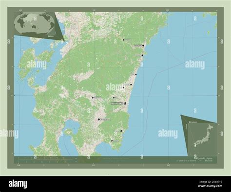 Miyazaki, prefecture of Japan. Open Street Map. Locations and names of major cities of the ...