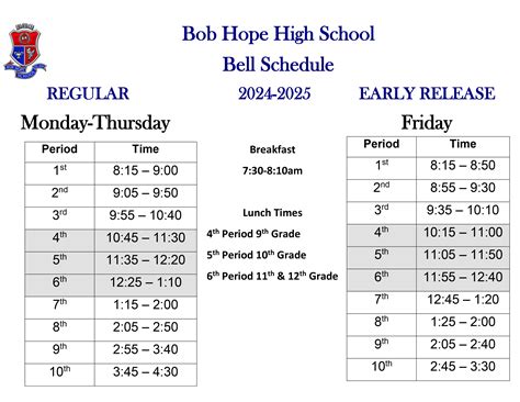 Bell Schedule - Bob Hope High School - Port Arthur - Campuses - Bob ...