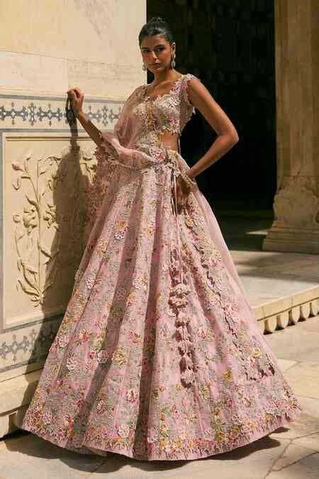 Buy Pink Organza Embroidery V-neck Utsa Thread Lehenga Set With Dupatta ...