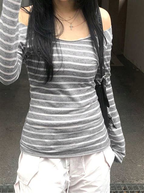 Women's Off Shoulder Tops Slim Striped Long Sleeve Casual T-Shirt For ...